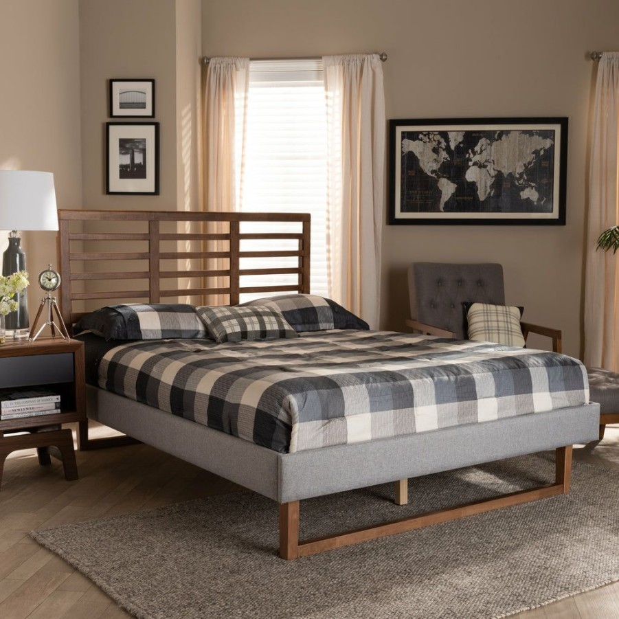 Bed * | Baxton Studio Bestsellers Luciana Modern And Contemporary Light Grey Fabric Upholstered And Ash Walnut Brown Finished Wood Full Size Platform Bed