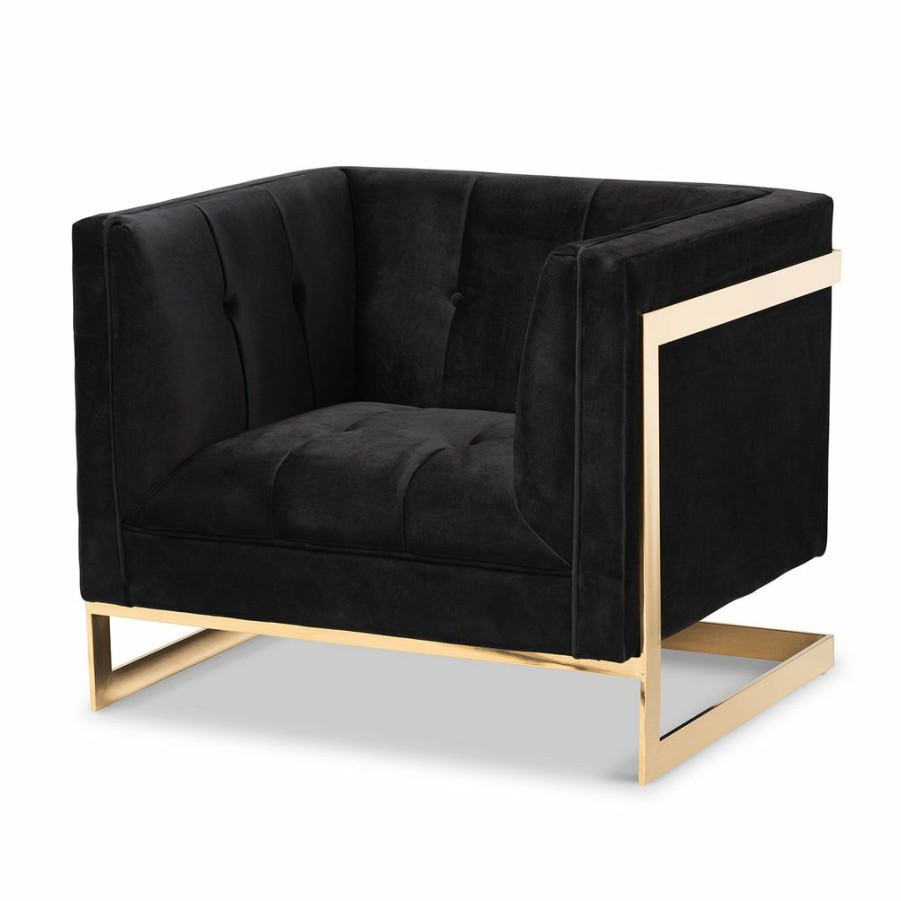 Chair * | Baxton Studio Best Price Ambra Glam And Luxe Black Velvet Fabric Upholstered And Button Tufted Armchair With Gold-Tone Frame