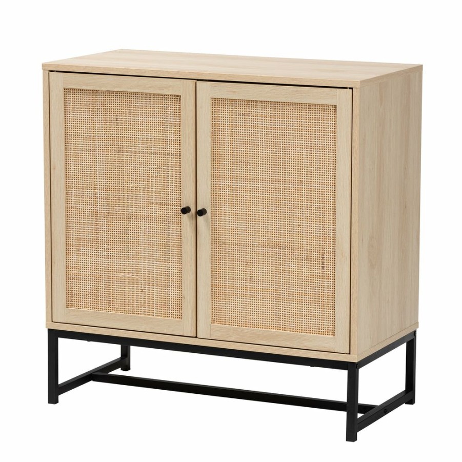 Shoe Cabinet * | Baxton Studio Reliable Quality Caterina Mid-Century Modern Transitional Natural Brown Finished Wood And Natural Rattan 2-Door Storage Cabinet