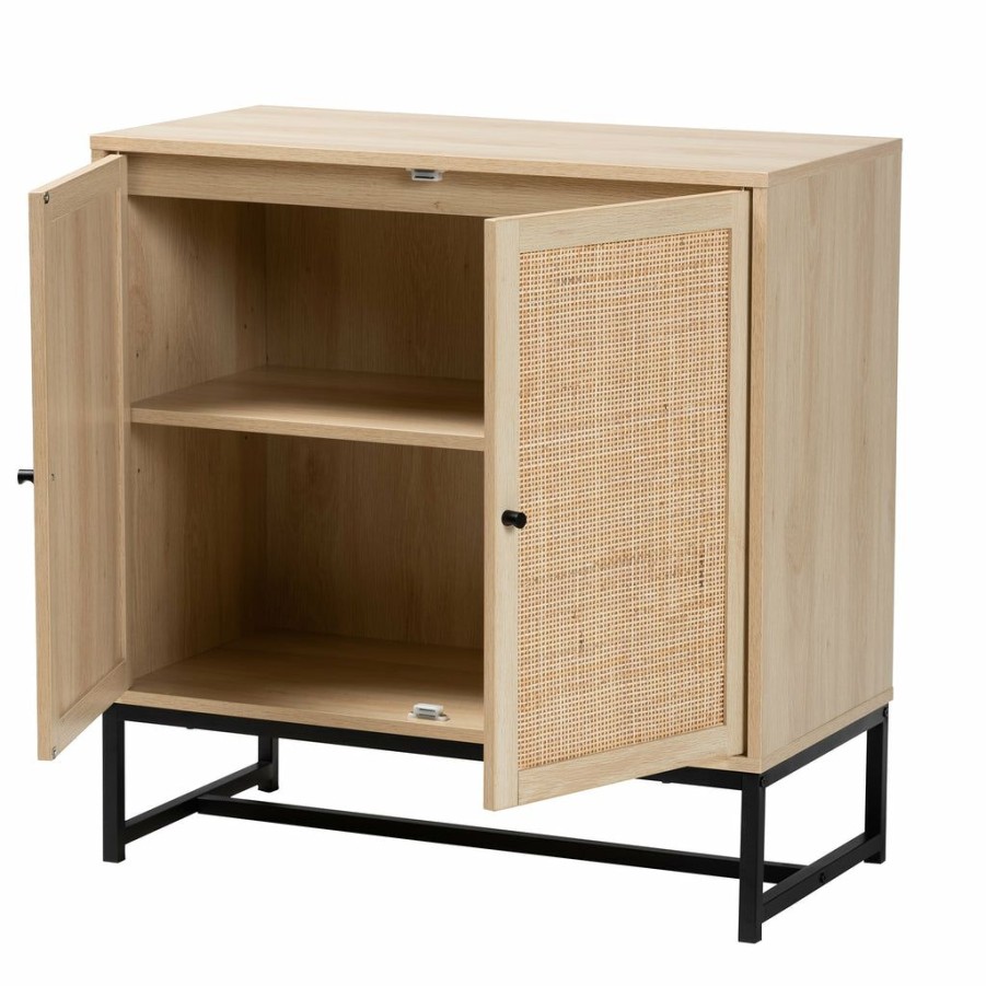 Shoe Cabinet * | Baxton Studio Reliable Quality Caterina Mid-Century Modern Transitional Natural Brown Finished Wood And Natural Rattan 2-Door Storage Cabinet