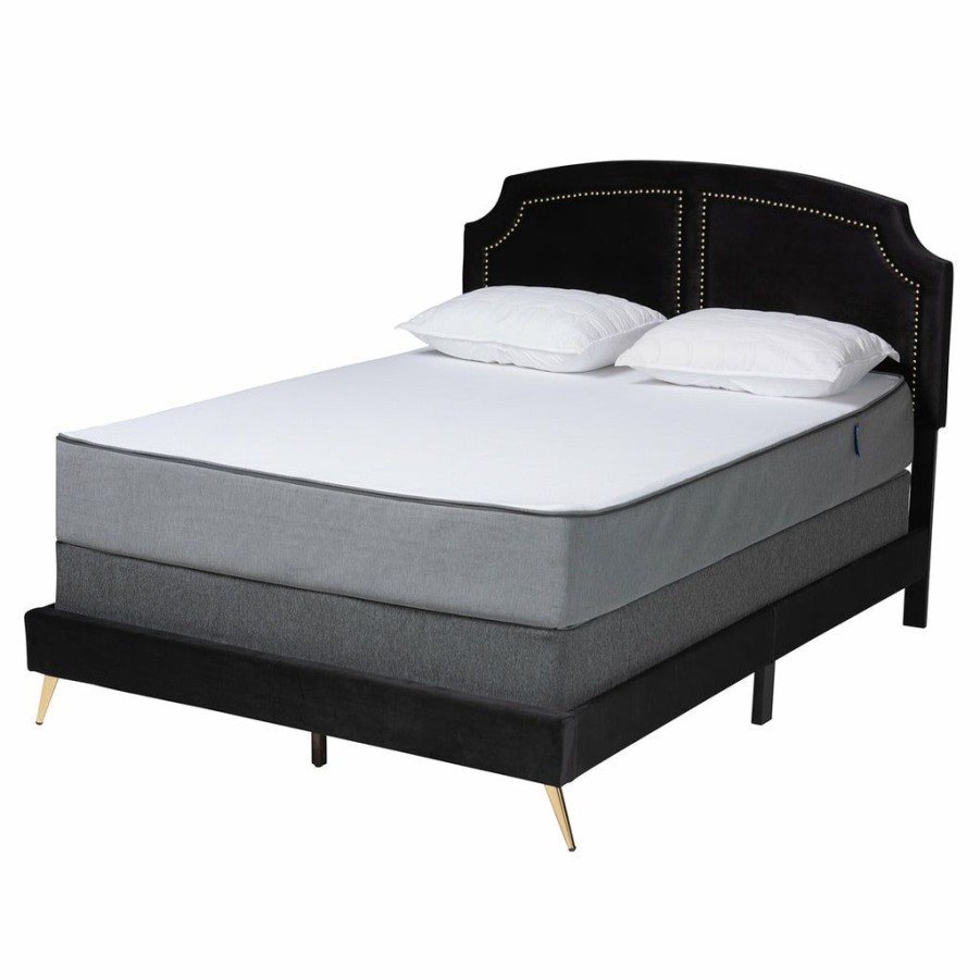 Bed * | Baxton Studio Reliable Quality Oxley Traditional Glam And Luxe Black Velvet And Gold Metal Queen Size Panel Bed