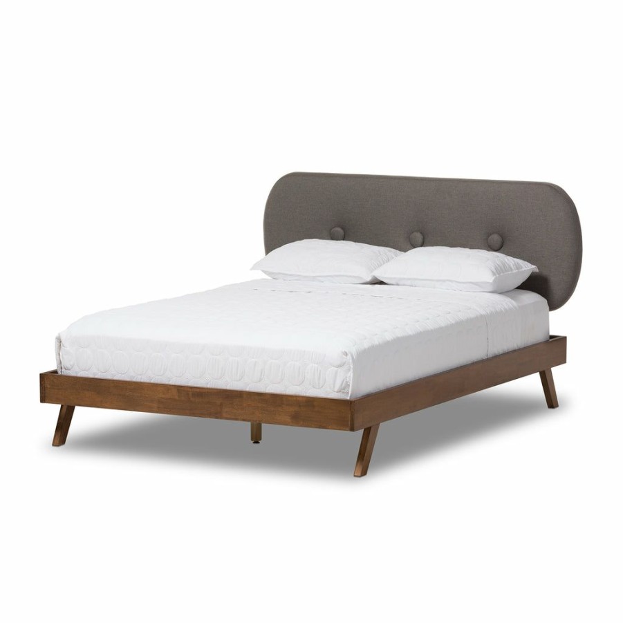 Bed * | Baxton Studio Best Price Penelope Mid-Century Modern Solid Walnut Wood Fabric Upholstered King Size Platform Bed