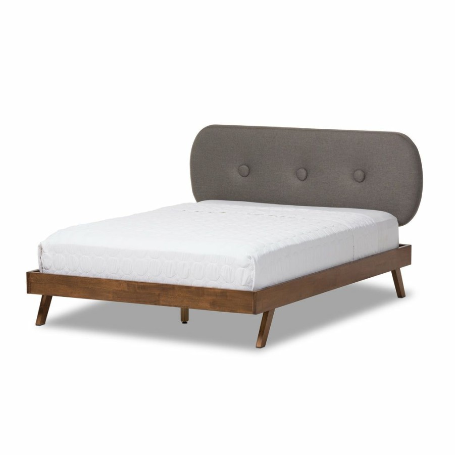 Bed * | Baxton Studio Best Price Penelope Mid-Century Modern Solid Walnut Wood Fabric Upholstered King Size Platform Bed