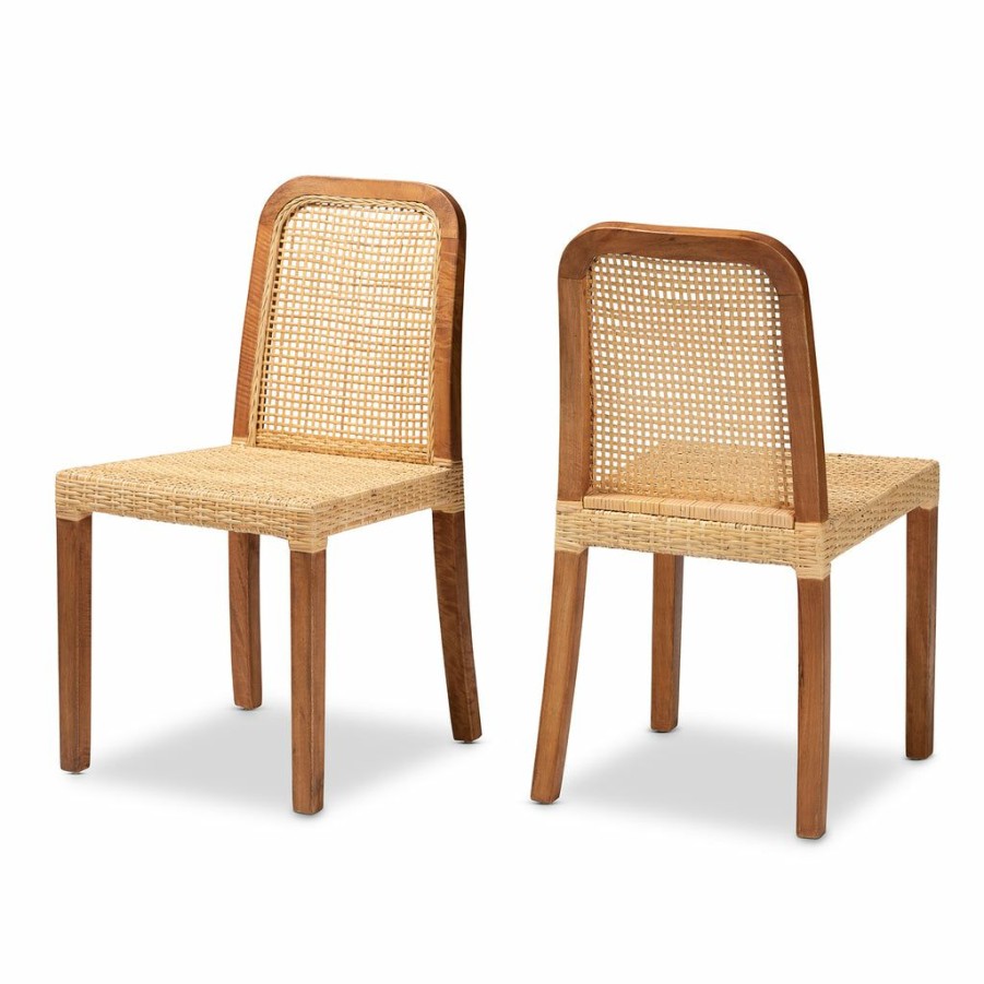 Dining Chair * | Baxton Studio Best Price Caspia Mid-Century Modern Walnut Brown Finished Wood And Natural Rattan 2-Piece Dining Chair Set