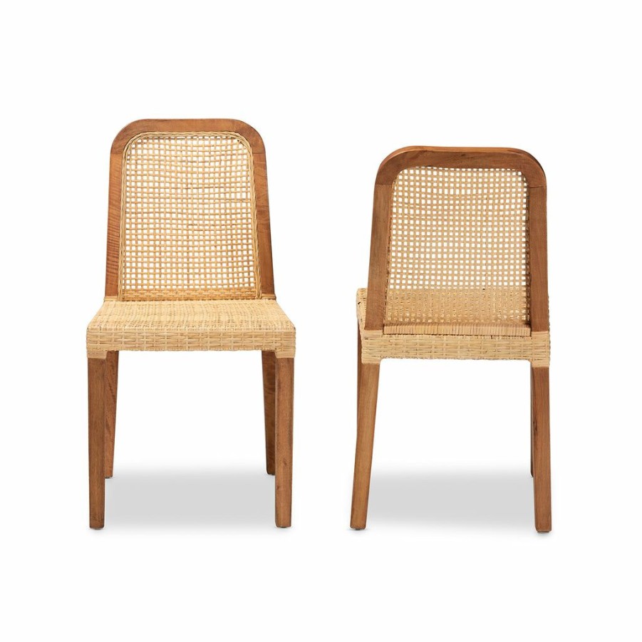 Dining Chair * | Baxton Studio Best Price Caspia Mid-Century Modern Walnut Brown Finished Wood And Natural Rattan 2-Piece Dining Chair Set