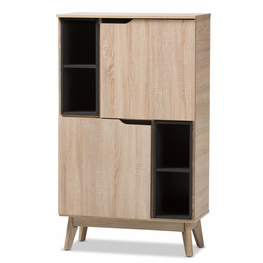 Shoe Cabinet * | Baxton Studio Less Expensive Fella Mid-Century Modern Two Tone Oak And Grey Storage Cabinet