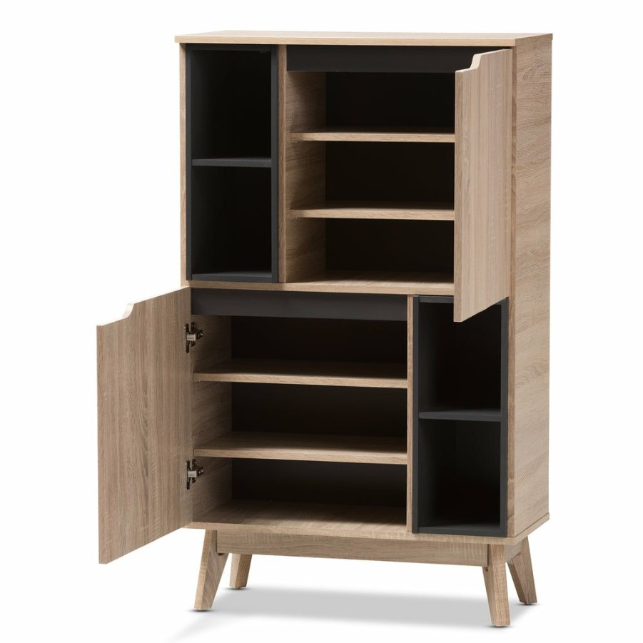 Shoe Cabinet * | Baxton Studio Less Expensive Fella Mid-Century Modern Two Tone Oak And Grey Storage Cabinet