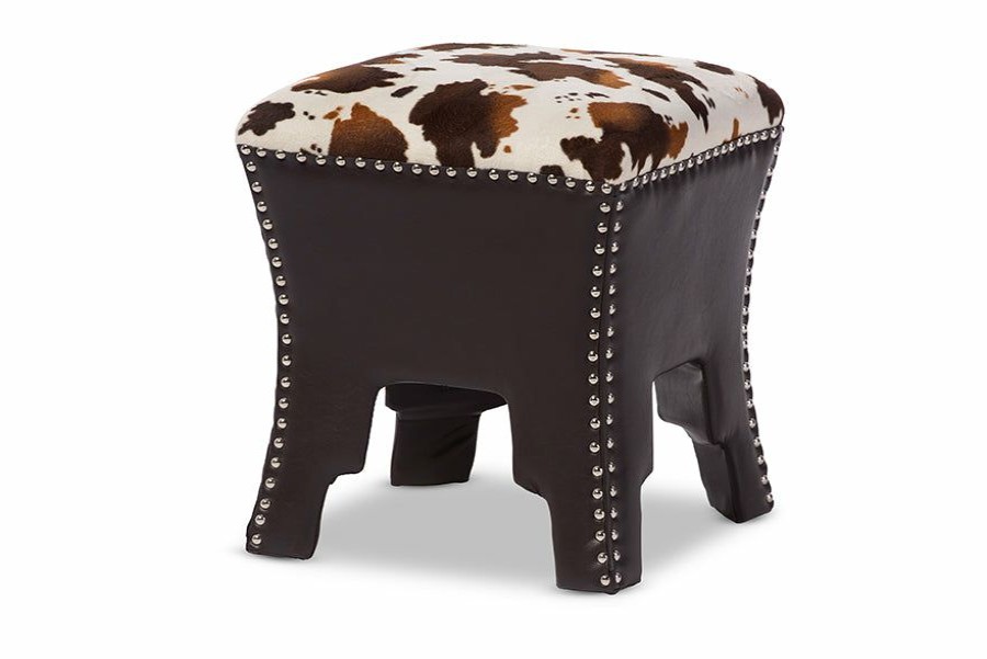 Upholstered Headboard * | Baxton Studio Less Expensive Sally Modern And Contemporary Cow-Print Patterned Fabric Brown Faux Leather Upholstered Accent Stool With Nail Heads