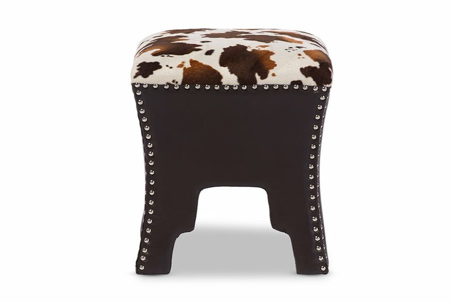 Upholstered Headboard * | Baxton Studio Less Expensive Sally Modern And Contemporary Cow-Print Patterned Fabric Brown Faux Leather Upholstered Accent Stool With Nail Heads