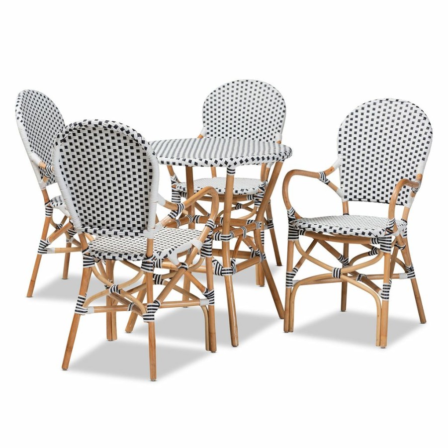 Dining Set * | Baxton Studio Fashion Naila Classic French Black And White Plastic And Natural Brown Rattan 5-Piece Dining Set