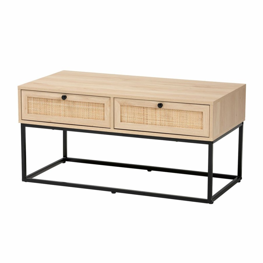 Drawer Table * | Baxton Studio Fashion Amelia Mid-Century Modern Transitional Natural Brown Finished Wood And Natural Rattan 2-Drawer Coffee Table