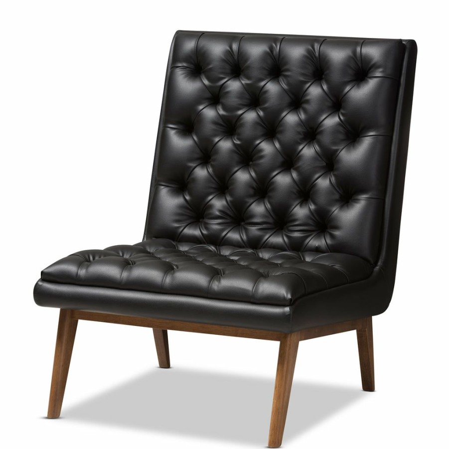 Chair * | Baxton Studio Reliable Quality Annetha Mid-Century Modern Black Faux Leather Upholstered Walnut Finished Wood Lounge Chair