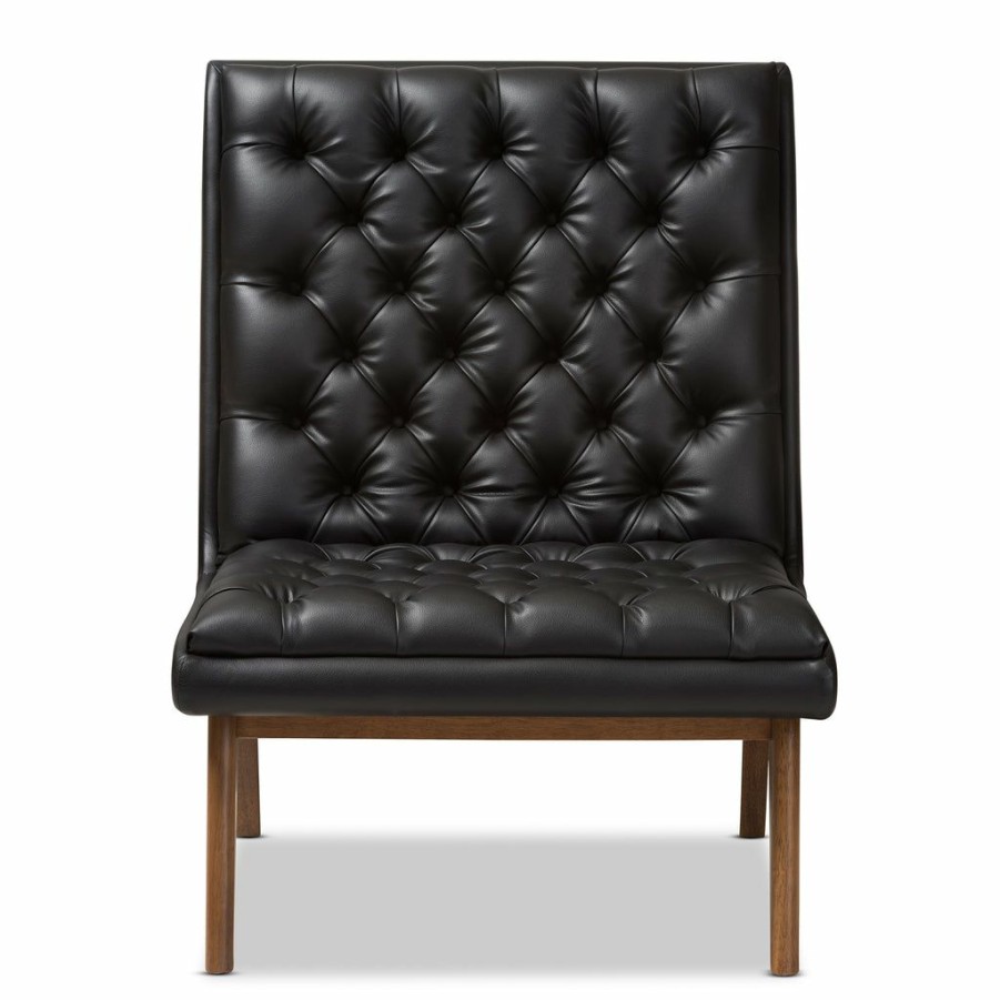 Chair * | Baxton Studio Reliable Quality Annetha Mid-Century Modern Black Faux Leather Upholstered Walnut Finished Wood Lounge Chair