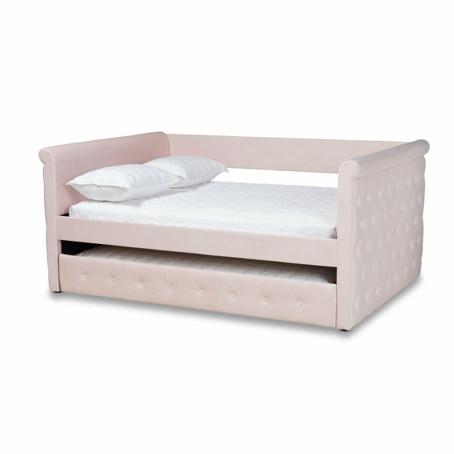 Bed * | Baxton Studio Attractive Amaya Modern And Contemporary Light Pink Velvet Fabric Upholstered Full Size Daybed With Trundle