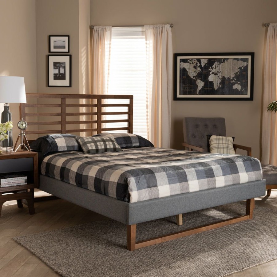 Bed * | Baxton Studio Cheap Rina Modern And Contemporary Dark Grey Fabric Upholstered And Ash Walnut Brown Finished Wood Full Size Platform Bed