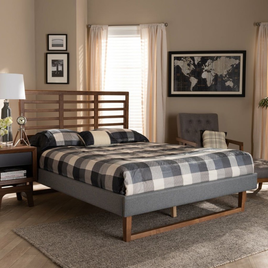 Bed * | Baxton Studio Cheap Rina Modern And Contemporary Dark Grey Fabric Upholstered And Ash Walnut Brown Finished Wood Full Size Platform Bed