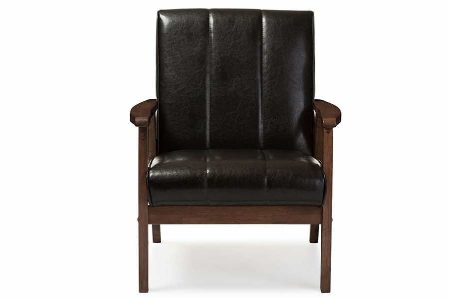 Chair * | Baxton Studio Discount Nikko Mid-Century Modern Scandinavian Style Dark Brown Faux Leather Wooden Lounge Chair