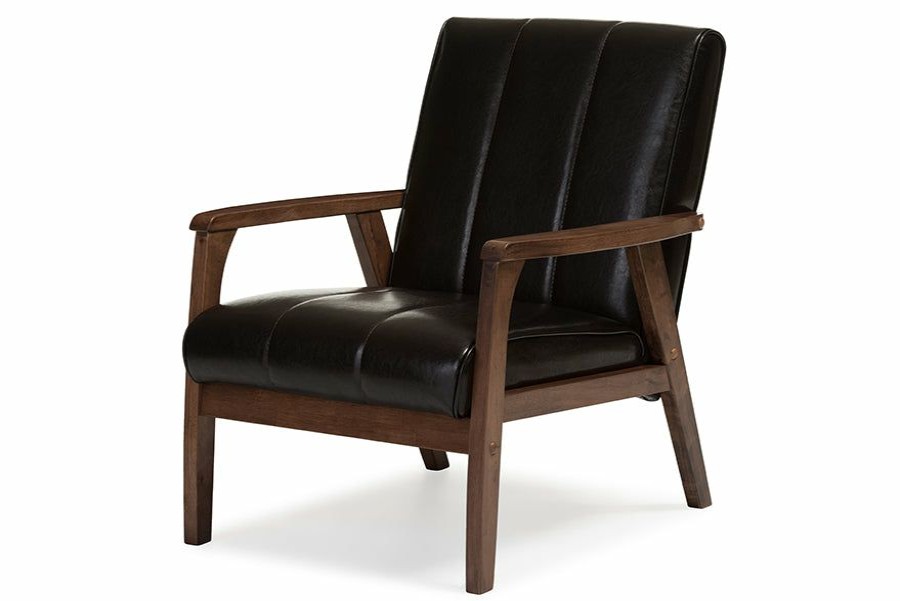 Chair * | Baxton Studio Discount Nikko Mid-Century Modern Scandinavian Style Dark Brown Faux Leather Wooden Lounge Chair