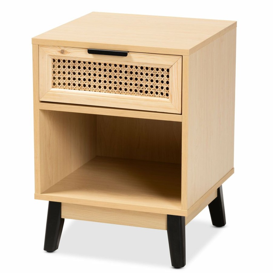 Nightstand * | Baxton Studio Fashion Dacre Mid-Century Modern Transitional Two-Tone Oak Brown And Black Finished Wood 1-Drawer Nightstand With Natural Rattan