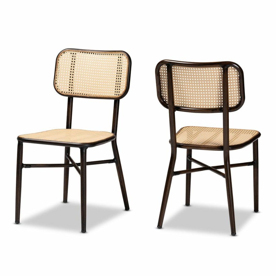 Dining Chair * | Baxton Studio Top Sell Katina Mid-Century Modern Dark Brown Finished Metal And Synthetic Rattan 2-Piece Outdoor Dining Chair Set