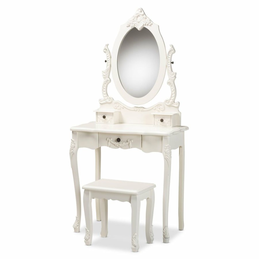 Drawer Table * | Baxton Studio 100% Guarantee Macsen Classic And Traditional White Finished Wood 2-Piece Vanity Set With Adjustable Mirror