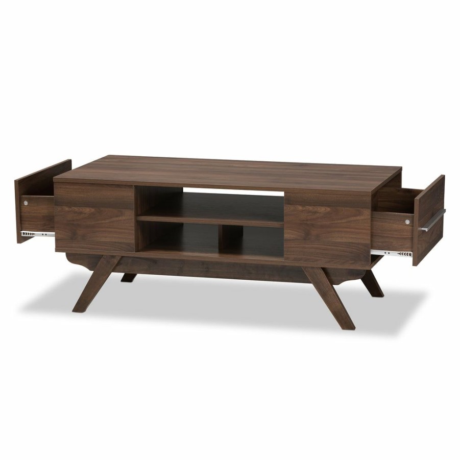 Drawer Table * | Baxton Studio Cheaper Ashfield Mid-Century Modern Walnut Brown Finished Wood 2-Drawer Coffee Table