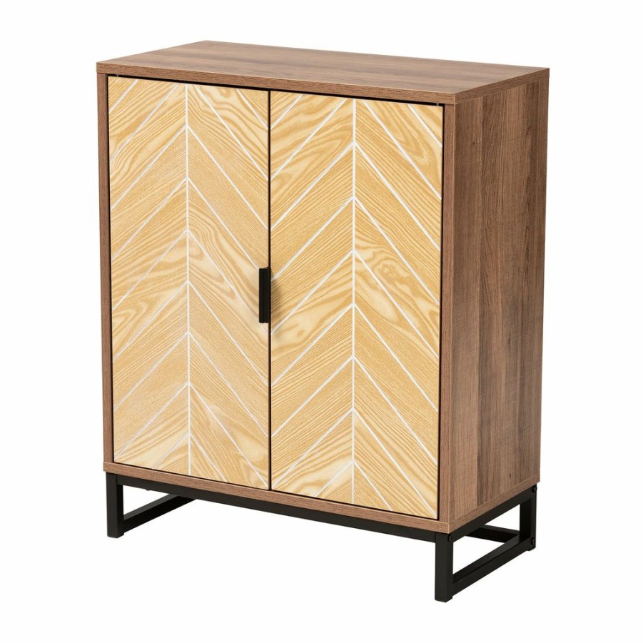 Shoe Cabinet * | Baxton Studio Crazy Deals Josephine Mid-Century Modern Transitional Two-Tone Walnut And Natural Brown Finished Wood And Black Metal 2-Door Storage Cabinet