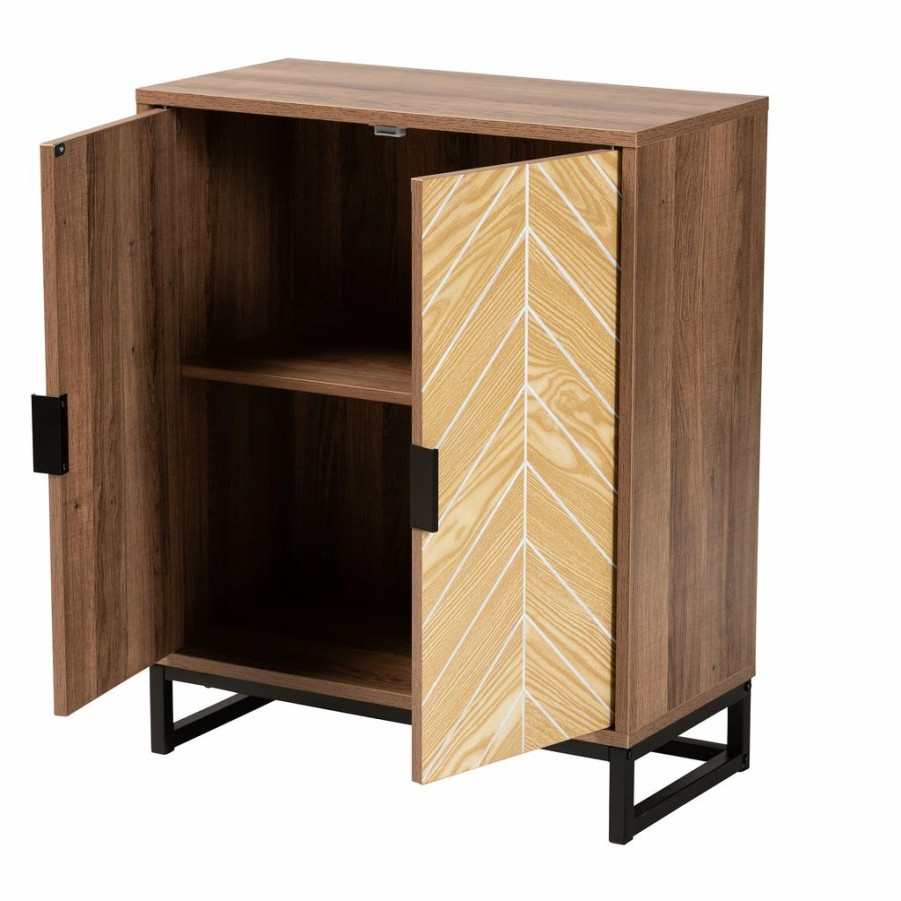 Shoe Cabinet * | Baxton Studio Crazy Deals Josephine Mid-Century Modern Transitional Two-Tone Walnut And Natural Brown Finished Wood And Black Metal 2-Door Storage Cabinet