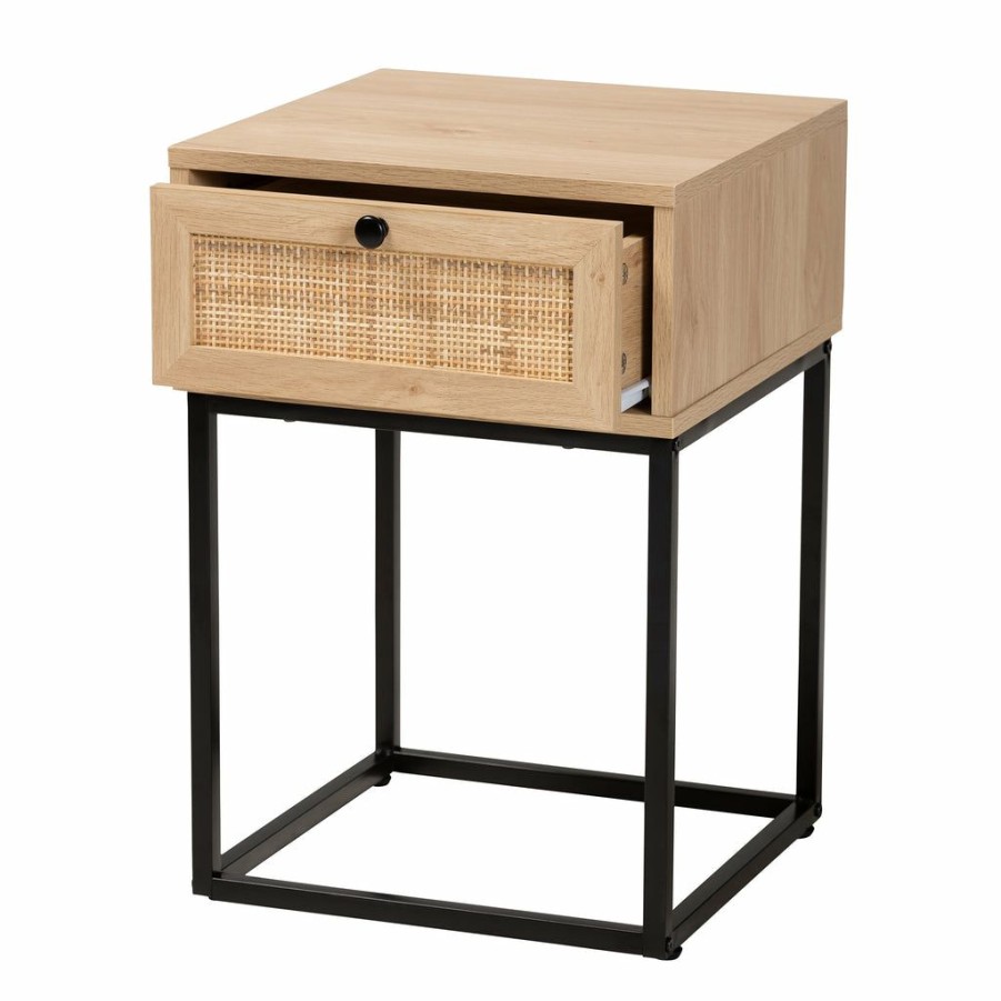 Nightstand * | Baxton Studio Typical Style Amelia Mid-Century Modern Transitional Natural Brown Finished Wood And Natural Rattan 1-Drawer Nightstand