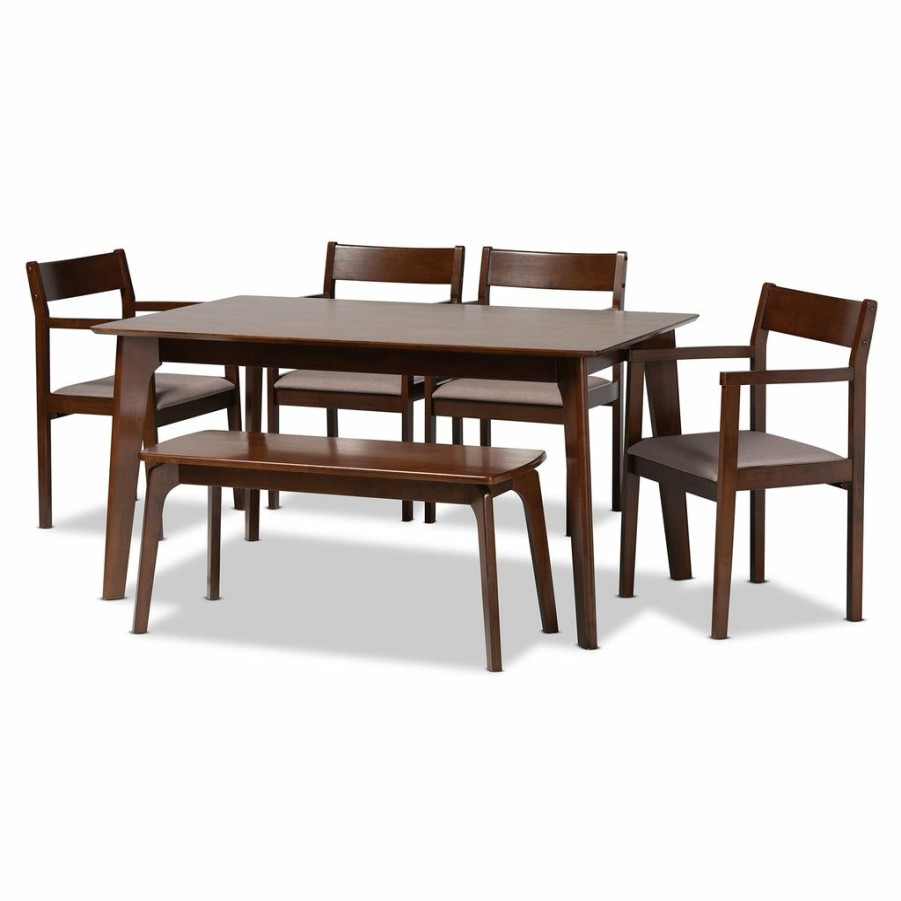 Dining Set * | Baxton Studio Less Expensive Helene Mid-Century Modern Warm Grey Fabric And Dark Brown Finished Wood Dining Set Warm Grey/Dark Brown