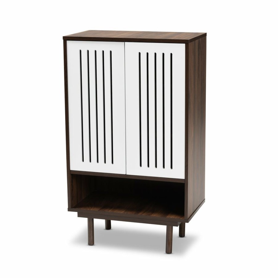 Shoe Cabinet * | Baxton Studio Online Discount Meike Mid-Century Modern Two-Tone Walnut Brown And White Finished Wood 2-Door Shoe Cabinet