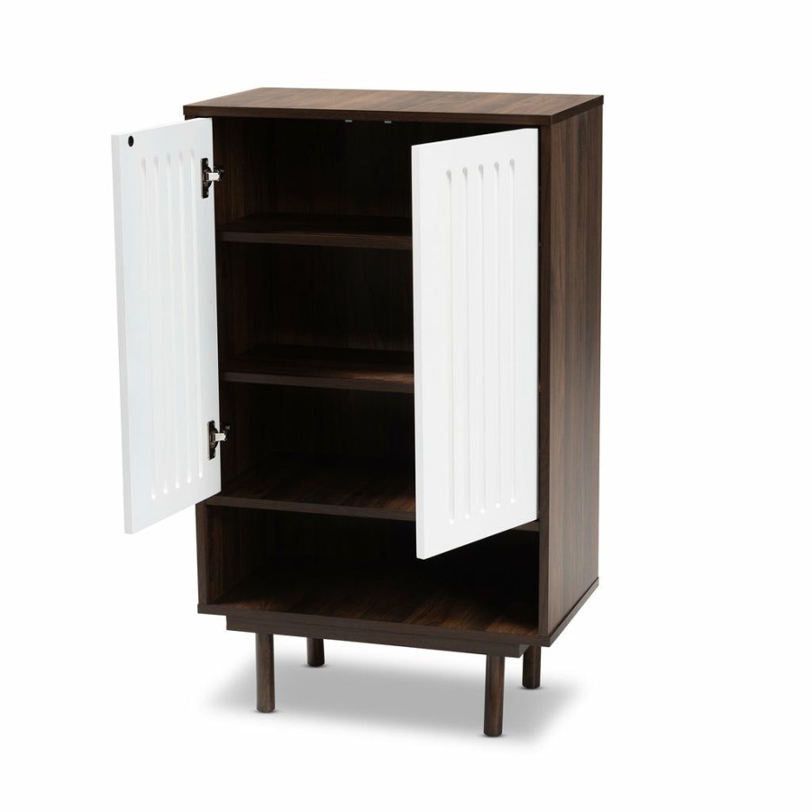 Shoe Cabinet * | Baxton Studio Online Discount Meike Mid-Century Modern Two-Tone Walnut Brown And White Finished Wood 2-Door Shoe Cabinet