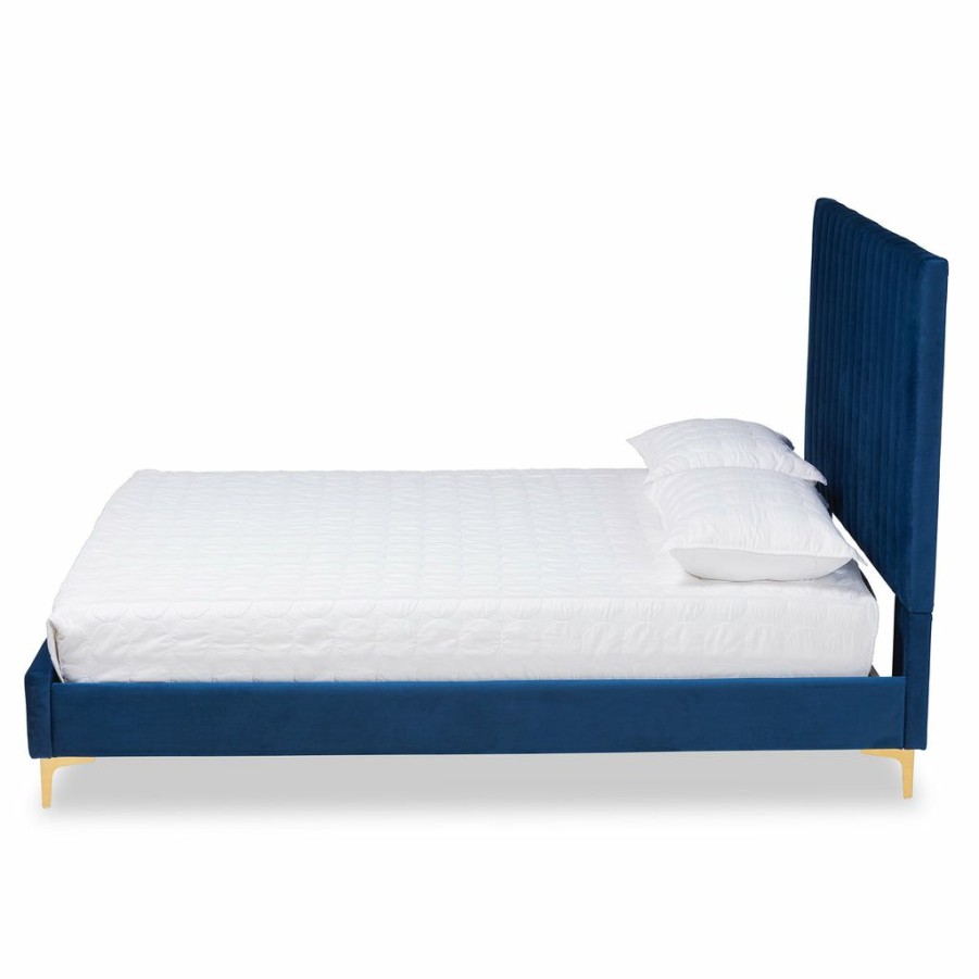 Bed * | Baxton Studio Typical Style Serrano Contemporary Glam And Luxe Navy Blue Velvet Fabric Upholstered And Gold Metal Queen Size Platform Bed