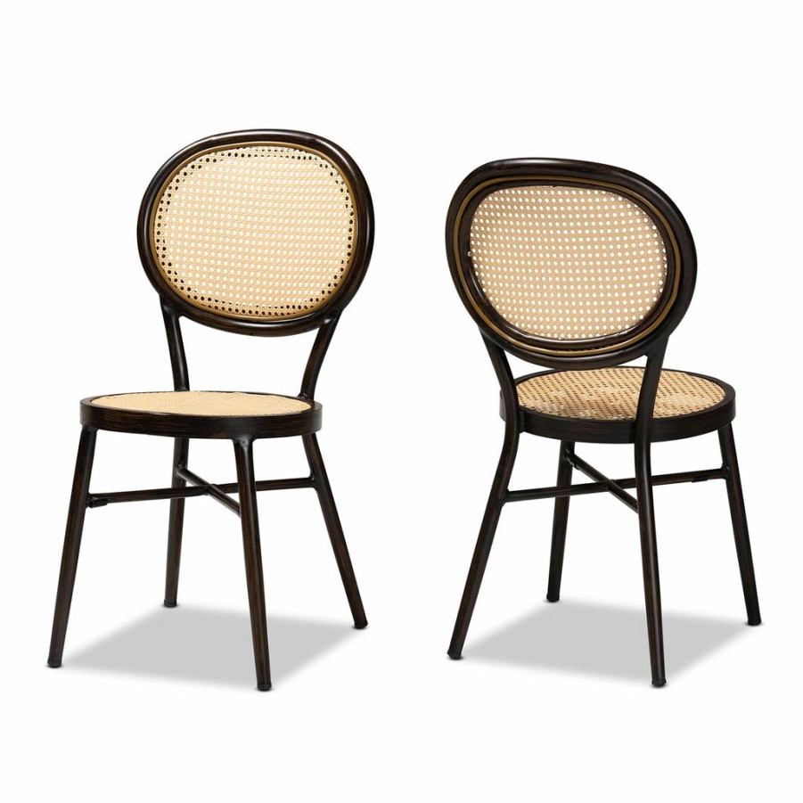 Dining Chair * | Baxton Studio Top Sell Thalia Mid-Century Modern Dark Brown Finished Metal And Synthetic Rattan 2-Piece Outdoor Dining Chair Set