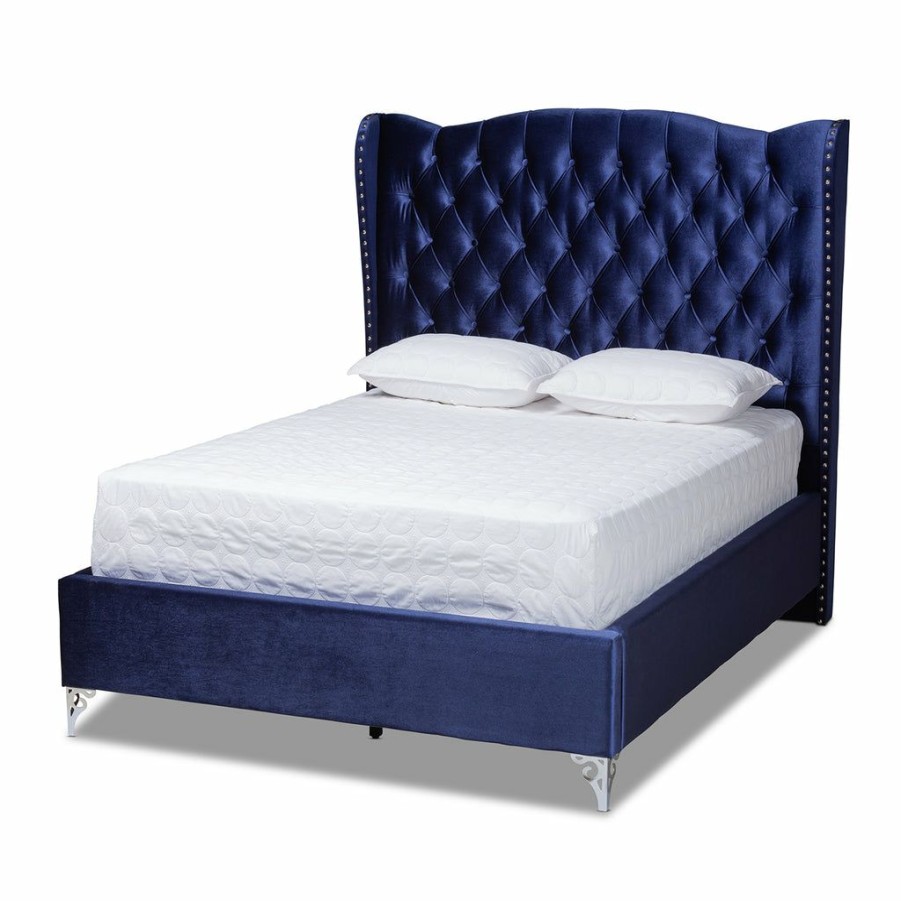 Bed * | Baxton Studio Crazy Deals Hanne Glam And Luxe Purple Blue Velvet Fabric Upholstered King Size Wingback Bed