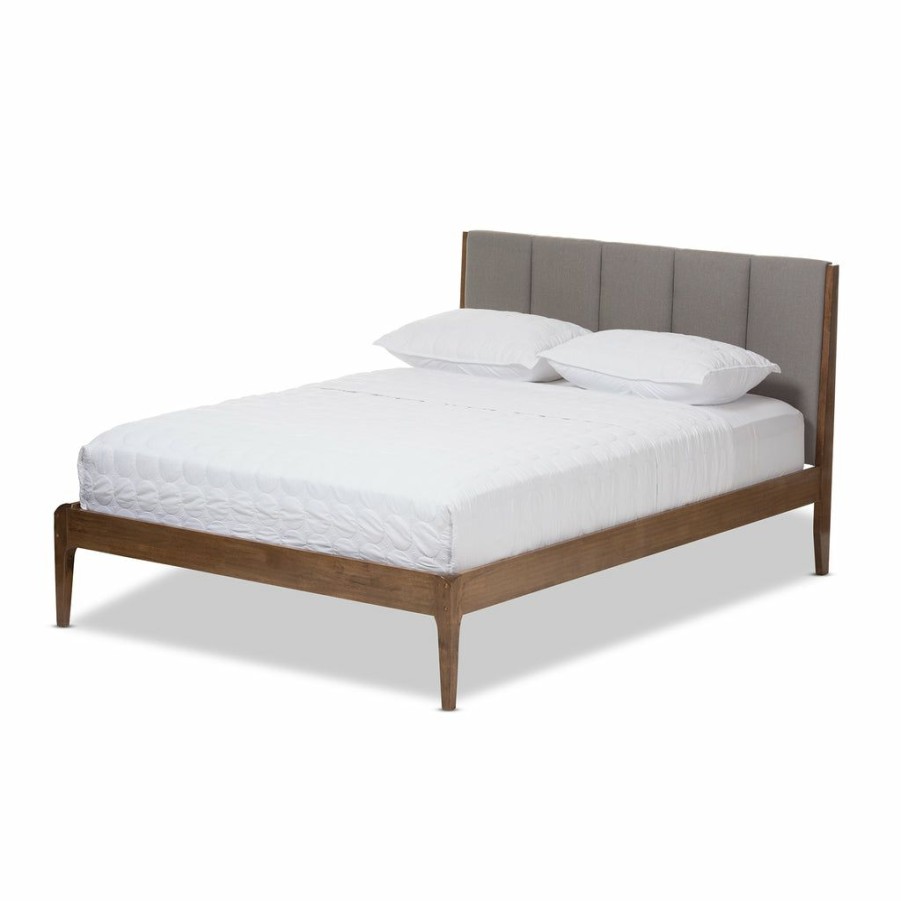 Bed * | Baxton Studio Best Price Ember Mid-Century Light Grey Fabric And Medium Brown Finish Wood King Size Platform Bed