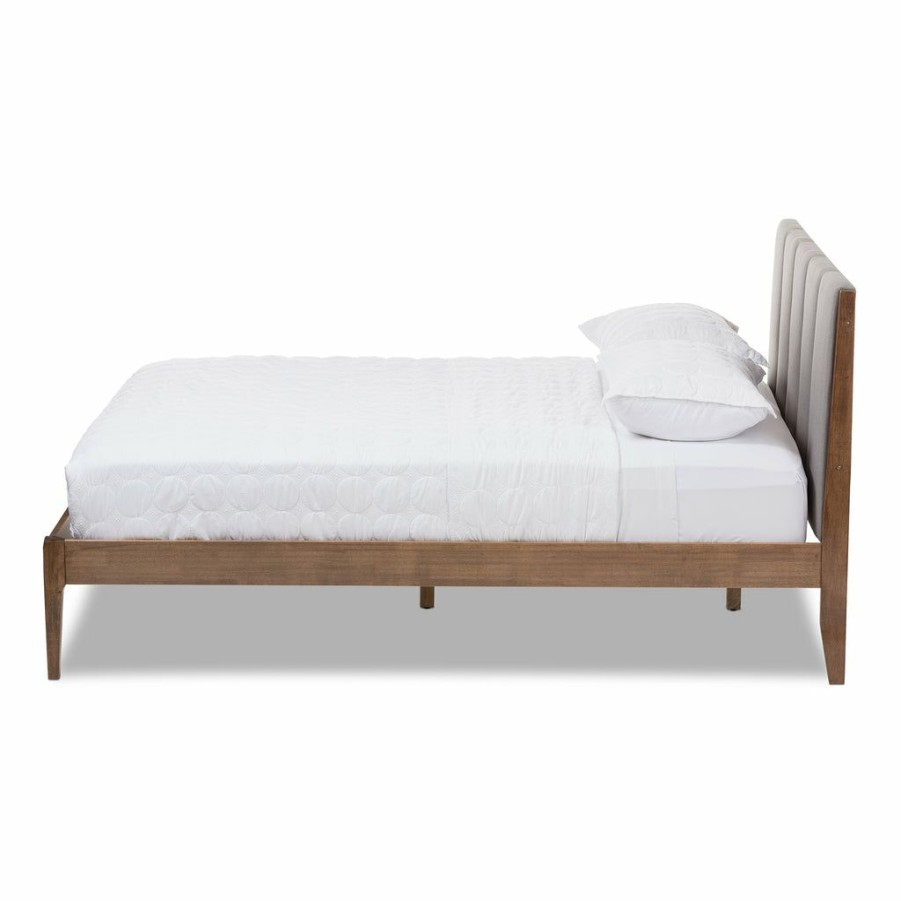 Bed * | Baxton Studio Best Price Ember Mid-Century Light Grey Fabric And Medium Brown Finish Wood King Size Platform Bed