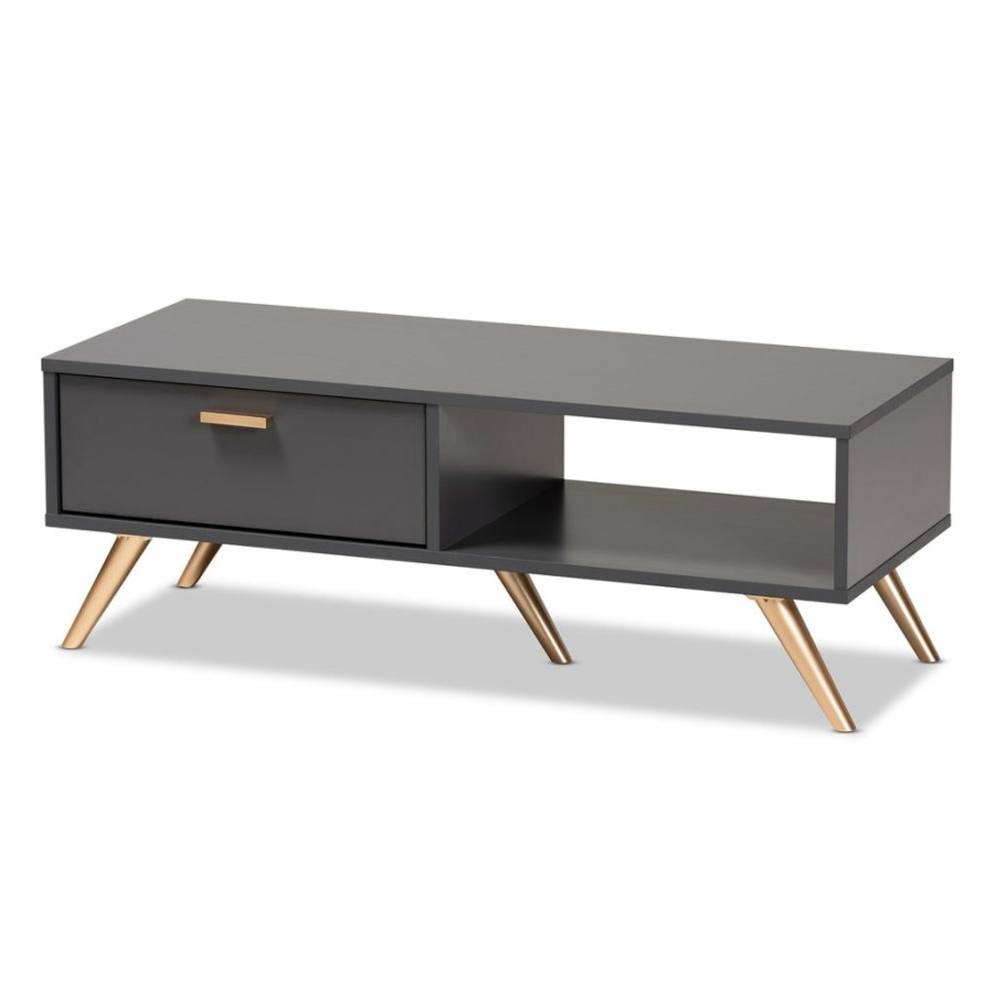 Drawer Table * | Baxton Studio Discount Kelson Modern And Contemporary Dark Grey And Gold Finished Wood Coffee Table