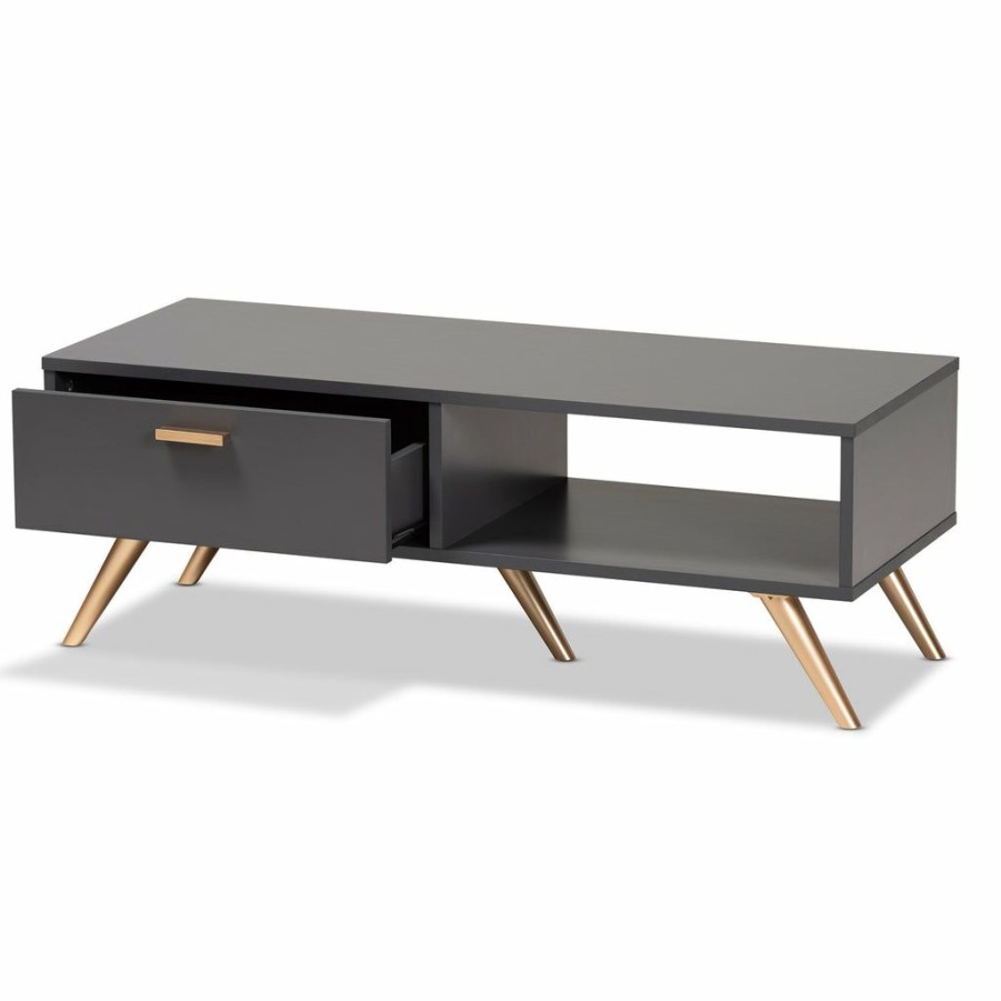 Drawer Table * | Baxton Studio Discount Kelson Modern And Contemporary Dark Grey And Gold Finished Wood Coffee Table