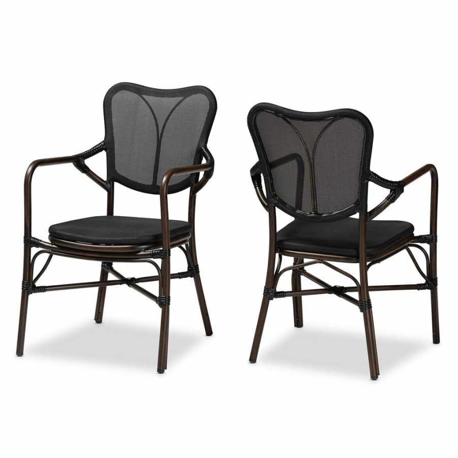 Dining Chair * | Baxton Studio Discount Erling Mid-Century Modern Black And Dark Brown Finished Metal 2-Piece Outdoor Dining Chair Set