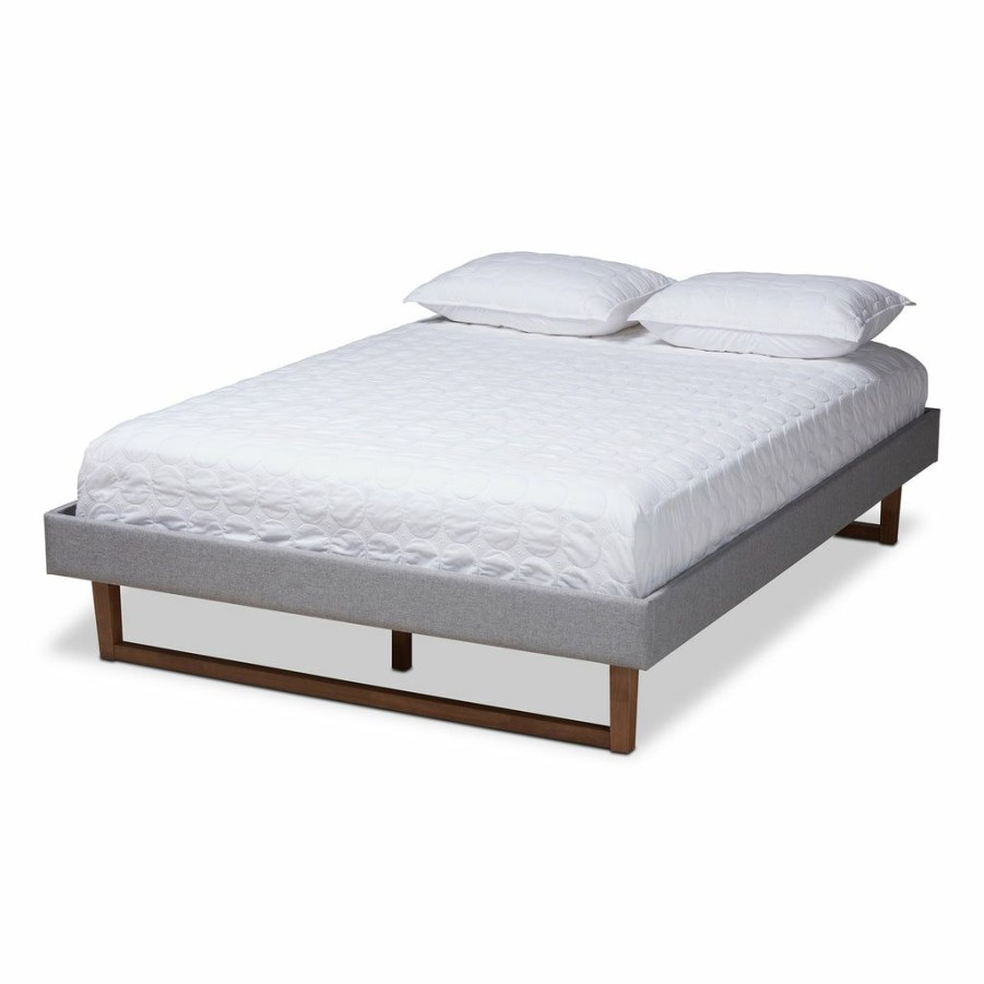 Bed * | Baxton Studio Top Sell Liliya Mid-Century Modern Light Grey Fabric Upholstered Walnut Brown Finished Wood Queen Size Platform Bed Frame