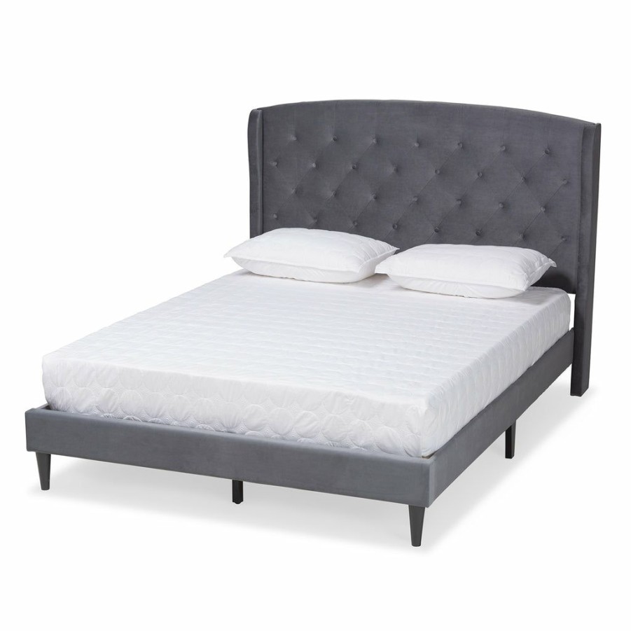 Bed * | Baxton Studio Discount Joanna Modern And Contemporay Velvet Fabric Upholstered And Dark Brown Finished Wood Platform Bed