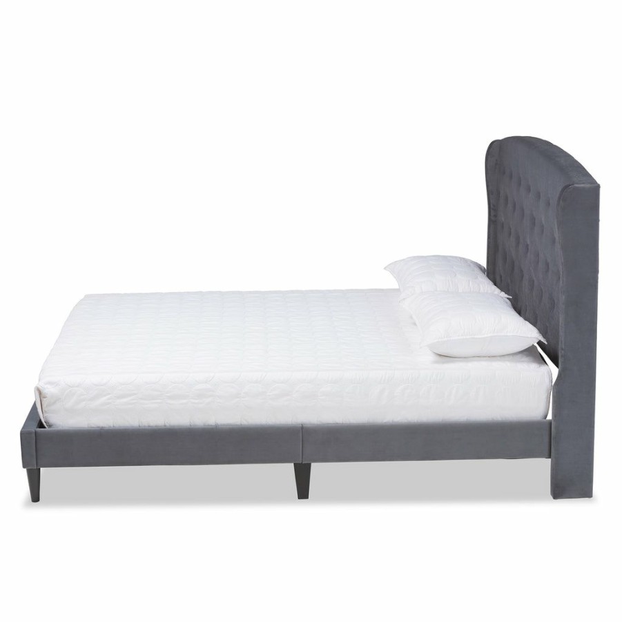 Bed * | Baxton Studio Discount Joanna Modern And Contemporay Velvet Fabric Upholstered And Dark Brown Finished Wood Platform Bed