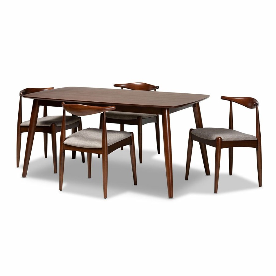 Dining Set * | Baxton Studio Cheaper Aeron Mid-Century Modern Light Gray Fabric Upholstered Walnut Finished Wood 5-Piece Dining Set