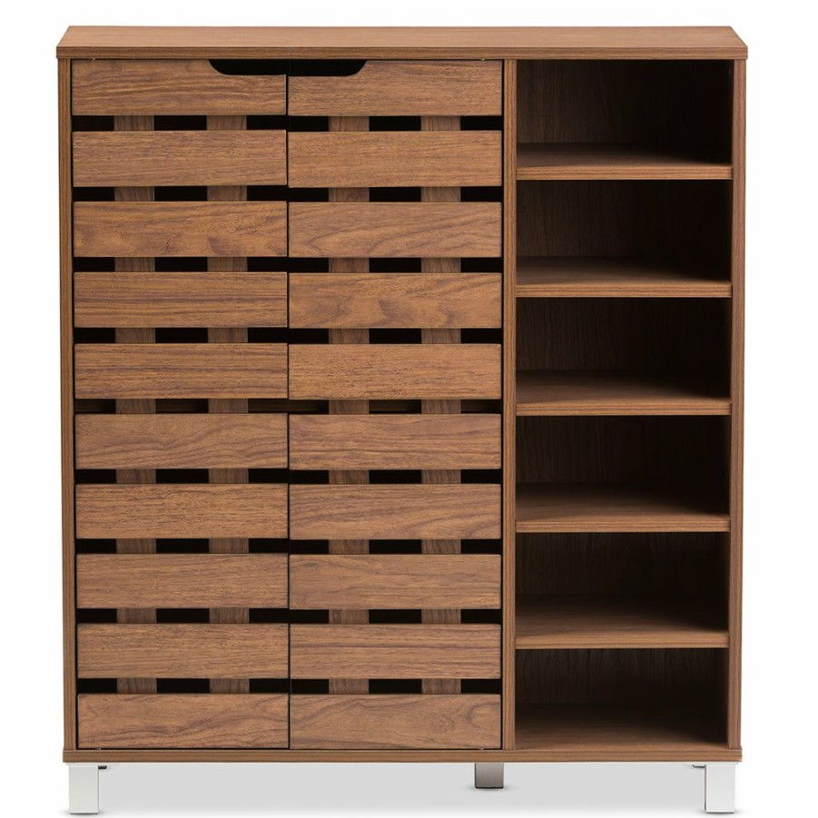 Shoe Cabinet * | Baxton Studio Cheap Shirley Modern And Contemporary "Walnut" Medium Brown Wood 2-Door Shoe Cabinet With Open Shelves