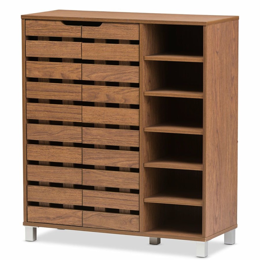 Shoe Cabinet * | Baxton Studio Cheap Shirley Modern And Contemporary "Walnut" Medium Brown Wood 2-Door Shoe Cabinet With Open Shelves