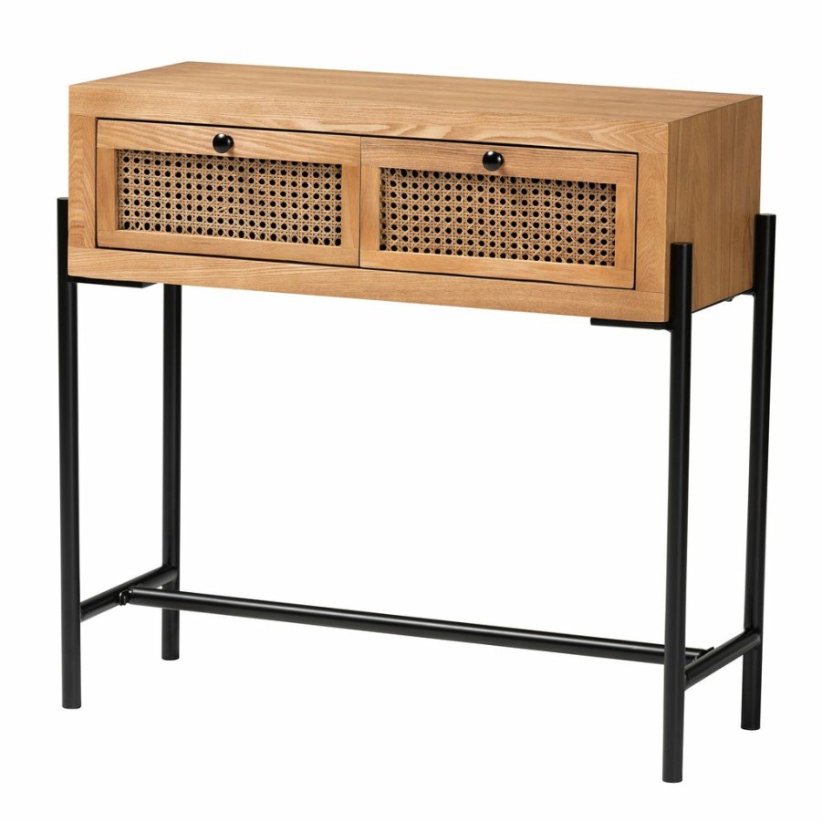 Drawer Table * | Baxton Studio Typical Style Santino Modern Industrial Natural Brown Finished Wood And Black Metal 2-Drawer Console Table