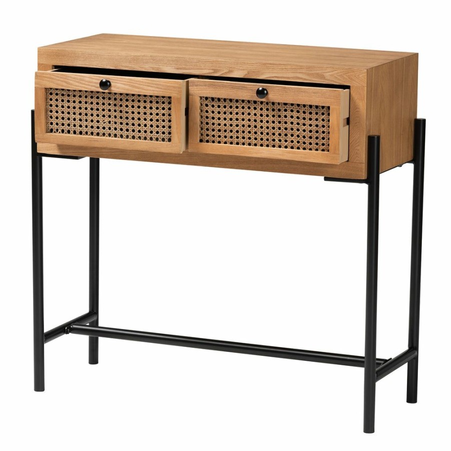 Drawer Table * | Baxton Studio Typical Style Santino Modern Industrial Natural Brown Finished Wood And Black Metal 2-Drawer Console Table