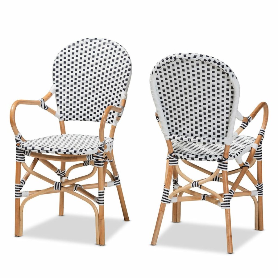 Dining Chair * | Baxton Studio High Quality Naila Classic French Black And White Weaving And Natural Brown Rattan 2-Piece Dining Chair Set