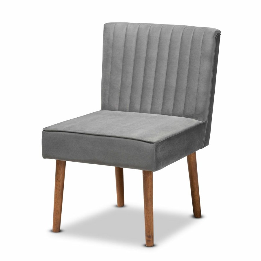 Dining Chair * | Baxton Studio Bestsellers Alvis Mid-Century Modern Velvet Upholstered And Walnut Brown Finished Wood Dining Chair